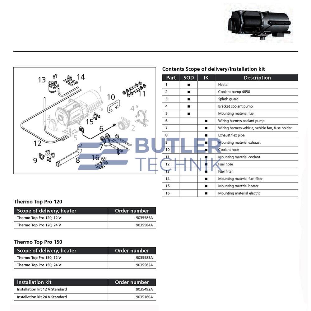 Webasto Water Heater Thermo Top Pro 120 Installation Kit 12v | 9035492A 