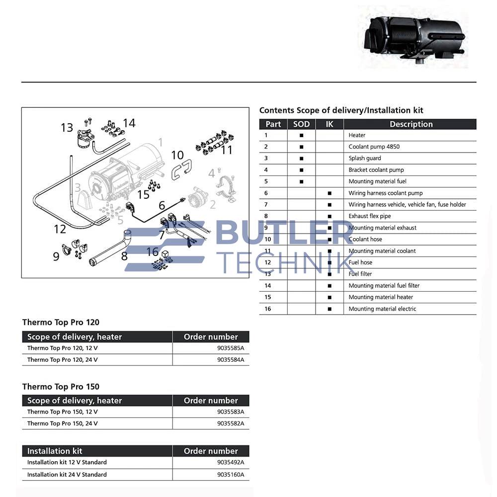 Webasto Water Heater Thermo Top Pro 120 Installation kit 12v | 9035492A 