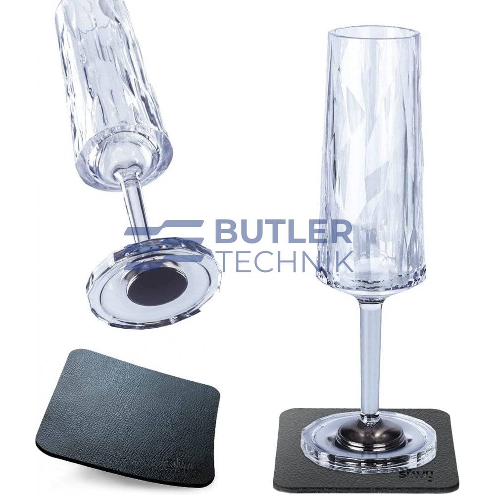 Silwy Magnetic Plastic Champagne Prosecco Glasses with Nano-gel Coasters - Set of 2 Clear