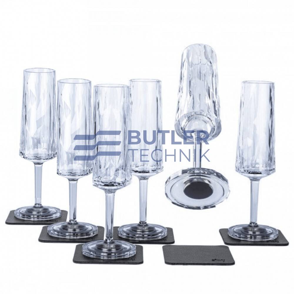 Silwy Magnetic Plastic Champagne Prosecco Glasses with Nano-gel Coasters - Set of 6 Clear