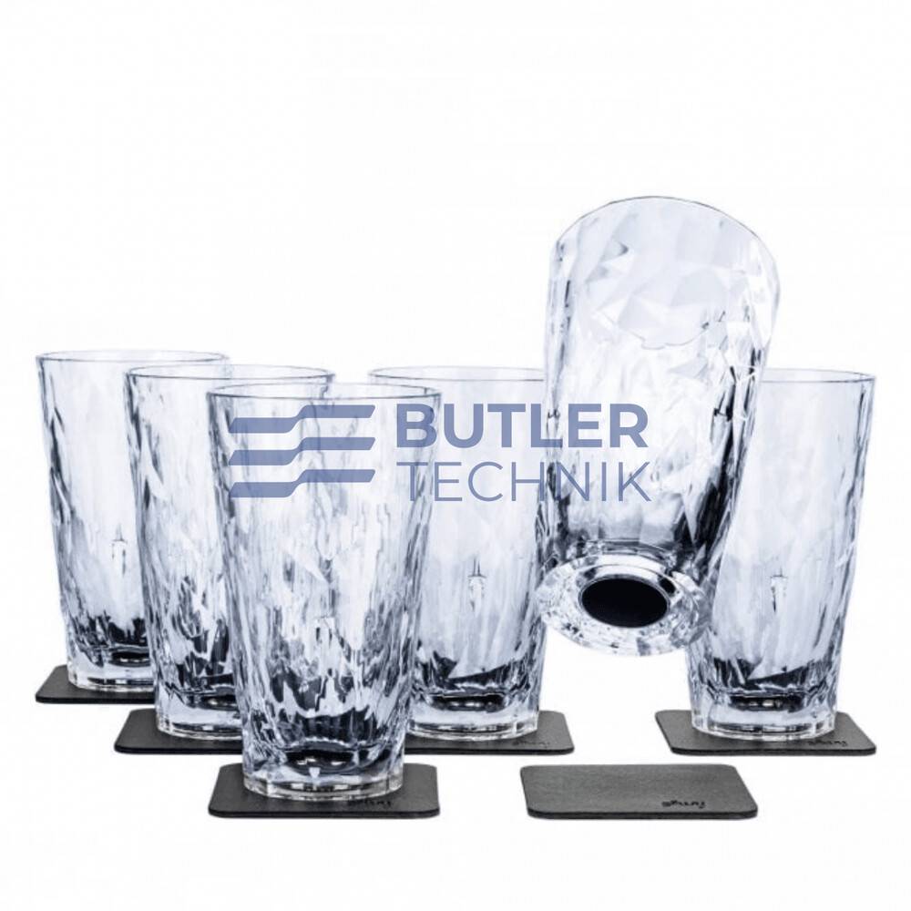 Silwy Magnetic Plastic Longdrink Glasses with Nano-gel coasters - Set of 6 - Clear 