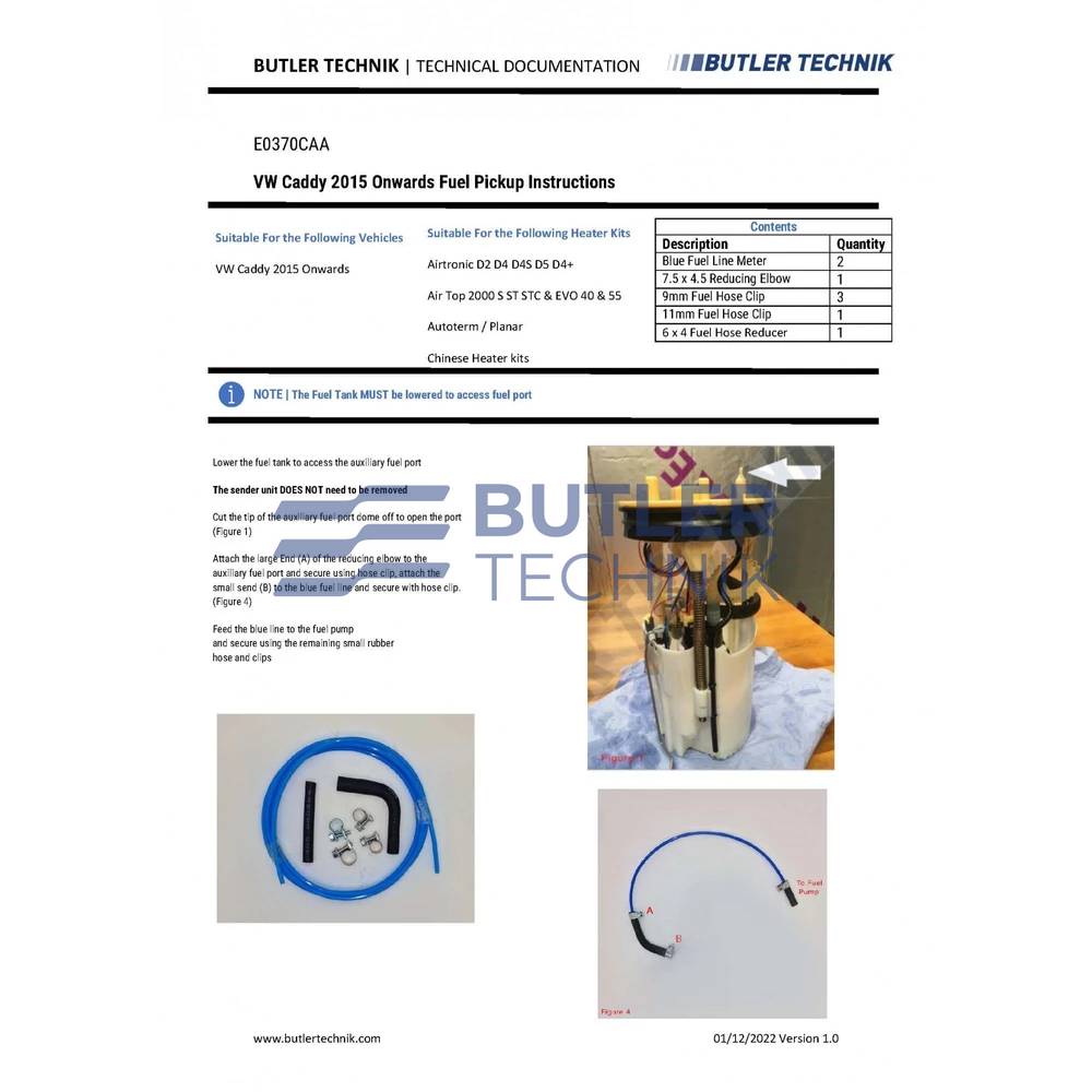 Butler Technik Eberspacher or Webasto VW Caddy 2015 Onwards Fuel Tank Connector Kit | E0370CAA 