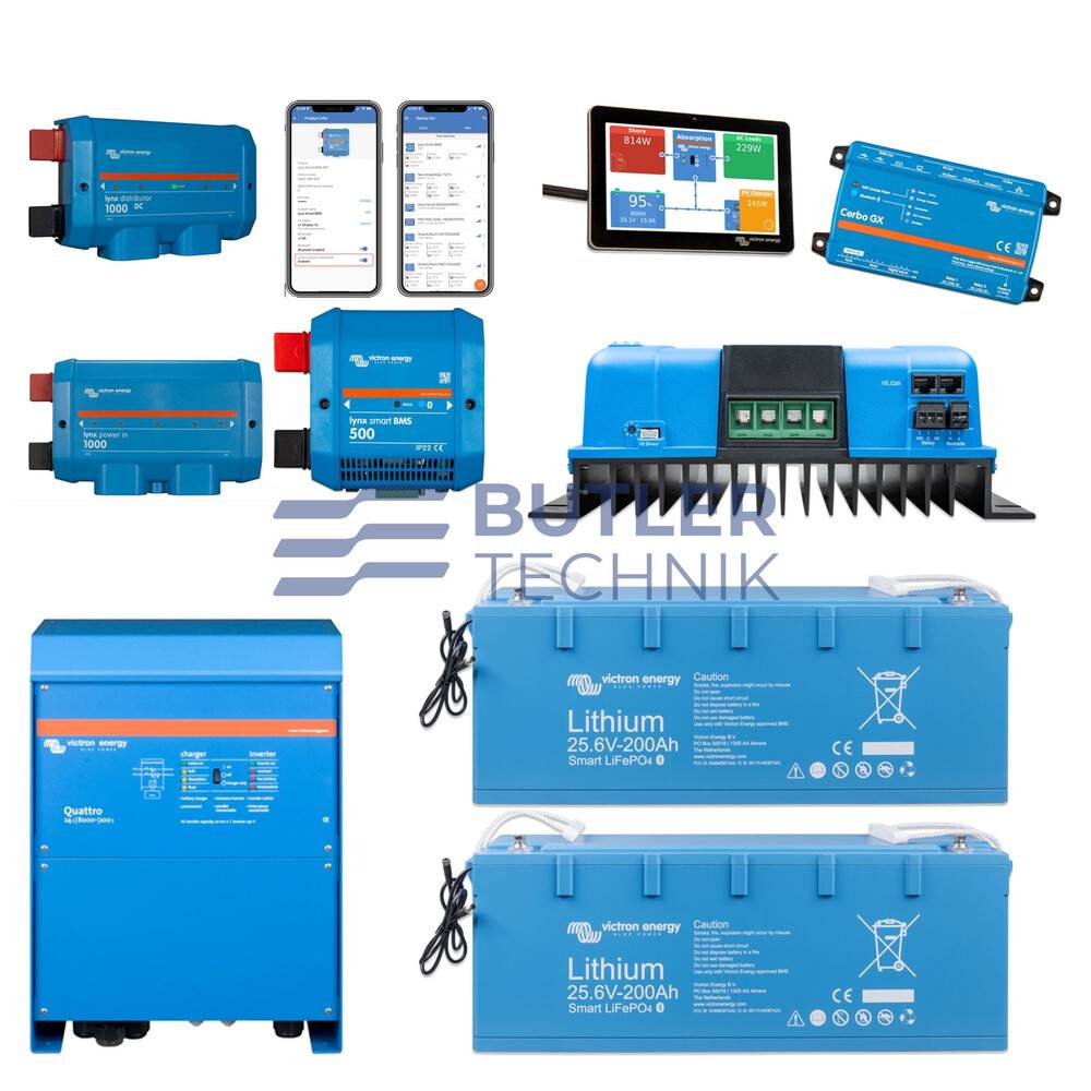 Victron Home Energy Storage Kit Quattro 24v 8Kva Inverter Charger 2x 200ah 24v LiFePo4 Batteries and Solar Controller 