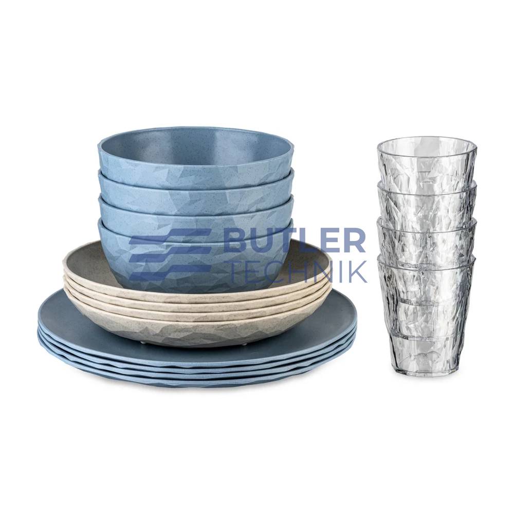 Koziol Plastic Tableware for Boat Camper CLUB SET GÖTEBORG 16-Piece - Nature Flower Blue